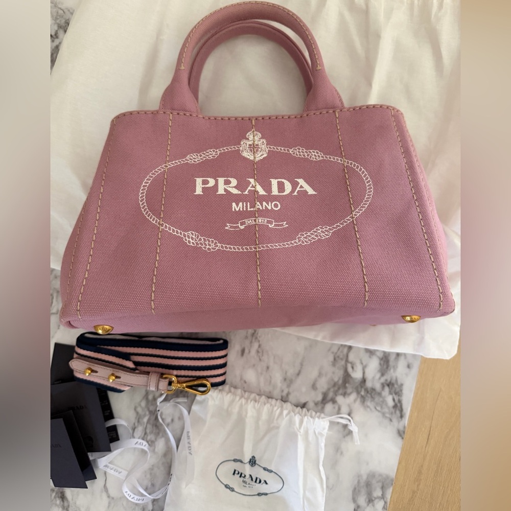 Prada Pink Canvas Logo Small Canapa Tote w/ Strap